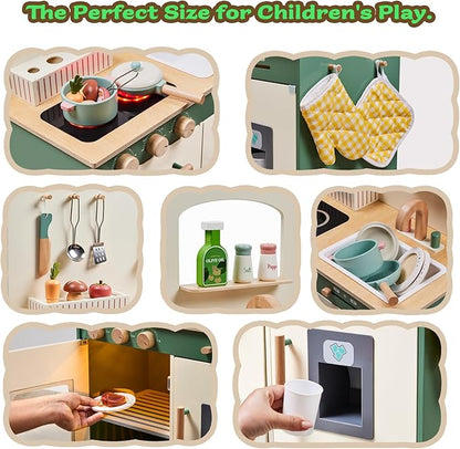 Kids Play Kitchen Toddler Kitchen Playset with Play Food Set Pretend Cooking Set with Sink, Stove, Microwave Wooden Toys Kitchen Gift for Girls and Boys