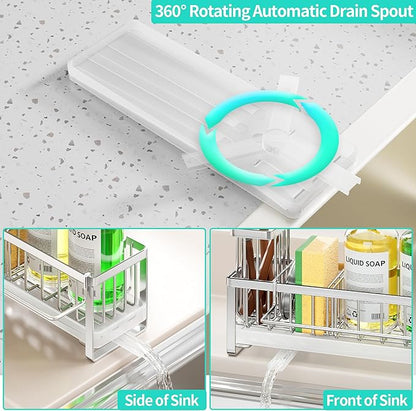 HapiRm Sponge Holder for Kitchen Sink - Self-draining Sink Caddy with Brush and Dishcloth Holder, Stainless Steel Sponge Caddy for Countertop - Silver(Large)