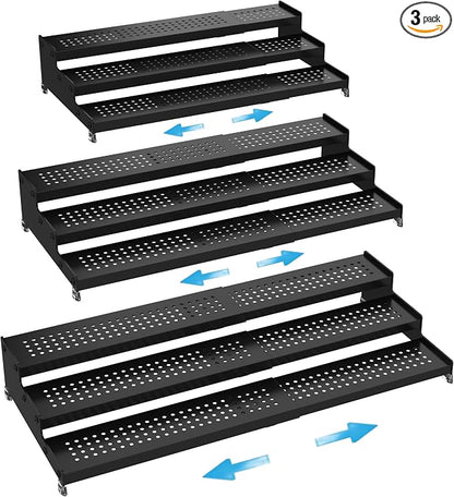 Expandable Spice Rack organizer with 3-Tier step shelf,Modern Design heavy duty,Non Skid and Visibility ,Great for Kitchen Cabinet,Bathroom,dressing table,Cupboard, Pantry and more(3PACKS/BLACK)