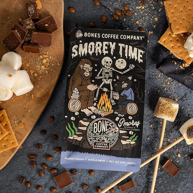 Bones Coffee Company Decaf S'morey Time, S'mores and Graham Crackers Decaffeinated Flavored Coffee, Medium Roast Low Acid Arabica Beans For Auto drip and French Press Coffee Maker, 12 Oz Whole Bean