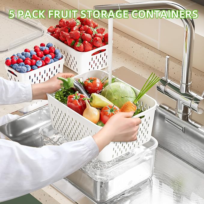KEMETHY 5 Pack Fruit Storage Containers for Fridge with Removable Colanders - Food Storage Containers with Lids, BPA-Free Produce Containers Keep Fruits, Vegetables, Berry, Meat Fresh Longer
