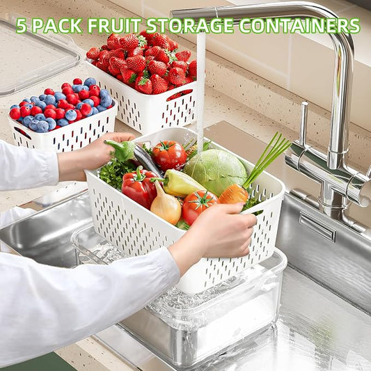 KEMETHY 5 Pack Fruit Storage Containers for Fridge with Removable Colanders - Food Storage Containers with Lids, BPA-Free Produce Containers Keep Fruits, Vegetables, Berry, Meat Fresh Longer