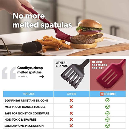 New DI ORO Seamless Series Moda 4-Piece Silicone Turner Spatula Set - 600°F Heat-Resistant Flexible Kitchen Spatulas for Nonstick Cookware - Flippers for Eggs & Pancakes - Utensils for Cooking (Red)