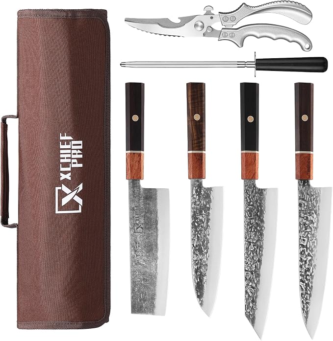Japan Knife Set, High Carbon Steel Japan Nakiri Santoku Knife Set, Hand Forged Meat Cleaver Butcher Knife with Accessories for Kitchen, Camping BBQ Knives Set with Bag