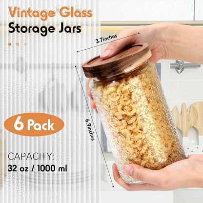 Domensi 6 Pcs Vintage Glass Jars 34 oz Glass Storage Jars with Lids Window Pattern Airtight Storage Containers for Kitchen Counter Pantry Coffee Bean Grains Tea Sugar Flour Candy Oats