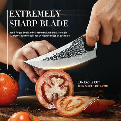 ZhengSheng Forged Viking Kitchen Knife with Olive Wood Grip & Protective Leather Sheath, Perfect for Home Cooking, Camping and BBQ