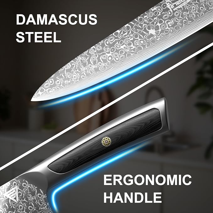 8" Professional Chef Knife, 67-Layer Damascus Steel Kitchen Knife with Ergonomic Handle, Premium Knife for Home & Professional Cooking + Leather Sheath & Gift Box
