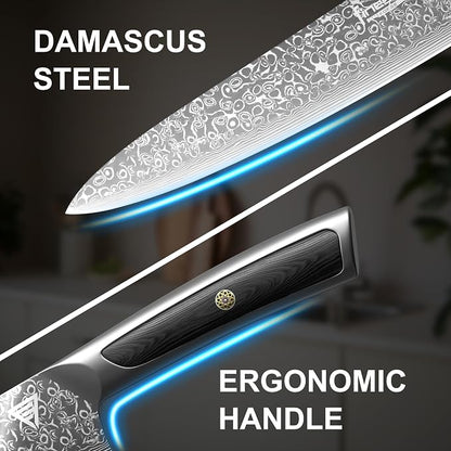 8" Professional Chef Knife, 67-Layer Damascus Steel Kitchen Knife with Ergonomic Handle, Premium Knife for Home & Professional Cooking + Leather Sheath & Gift Box