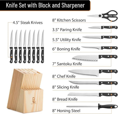 BAMBOO LAND- Kitchen Knife Set, 18 pcs, Stainless Steel Knife Set with Block and Sharpener