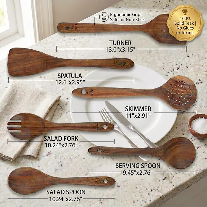 6-Piece Teak Wooden Cooking Utensil Set – Wooden Spoons & Spatulas for Nonstick Cookware, Non-Toxic Eco-Friendly Kitchen Tools– Ideal Father Day Gift for Dad!