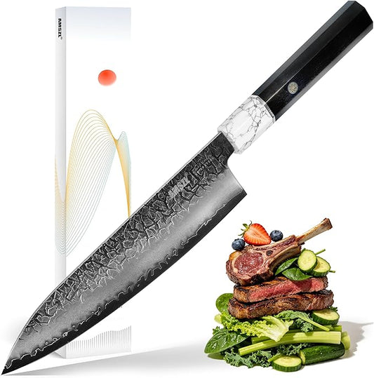 8" Japanese VG10 Damascus Chef Knife – White Turquoise, Ebony Handle | HRC 60-62, stays sharp 3X longer. 5-layer Damascus, full tang octagonal ebony handle with genuine white turquoise