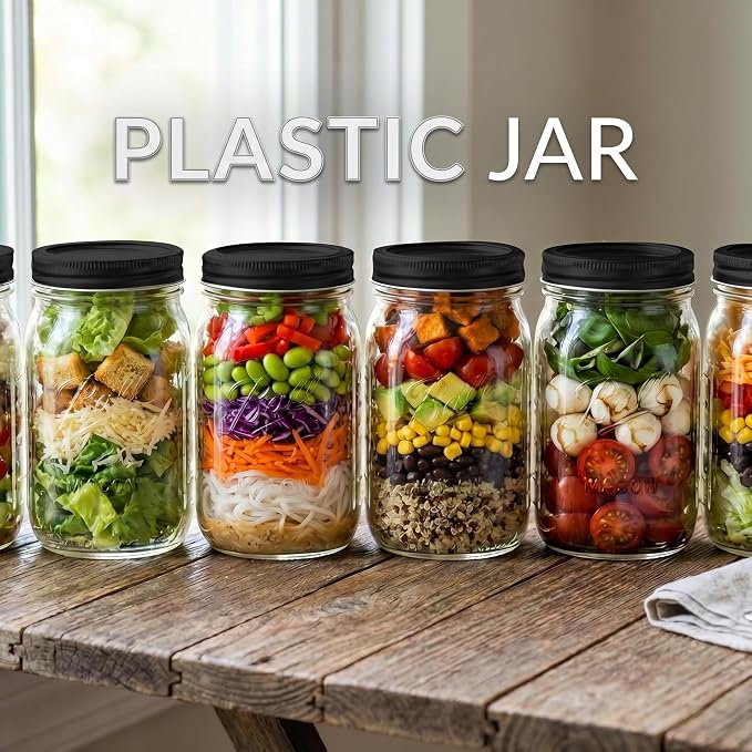 novelinks 32 oz Mason Jars with Plastic Lids, 8 Pack Large Plastic Salad Jars with Lids 32oz, Reusable Spice Containers & Kitchen Jars for Pantry Organization (8 Pack,Black)