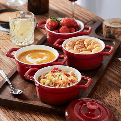 Lareina Mini Cocotte - 12oz Ceramic Casserole Dishes - Kitchen Casserole Sets With Handles And Lid - Small Baking Ramekins - Oven, Microwave & Dishwasher Safe - Set of 4 - Red