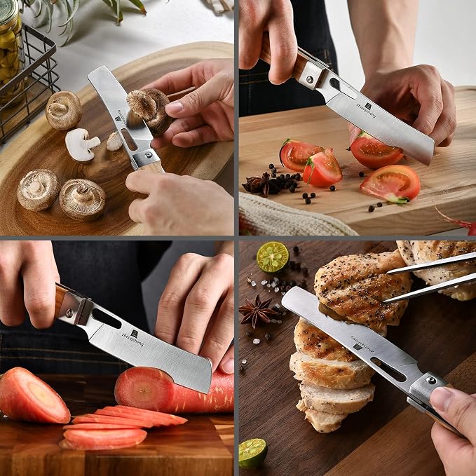 ZhengSheng Folding Chef Knife 4.8” Ultra Sharp 440A Stainless Steel Blade Natural Olive Handle Pocket Foldable Japanese Style Kitchen Knife for Outdoor Camping BBQ trip Cooking