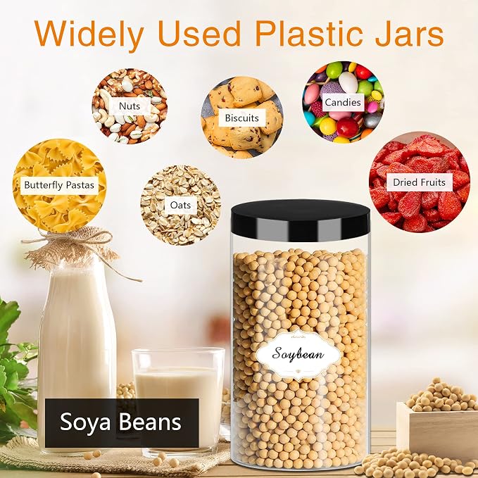 PeacePeo Plastic Jars with Lids, 16 Pcs 32 OZ Large Plastic Storage Jars with Black Leakproof Lids Cylinder Plastic Storage Container Jar Reusable Clear Empty Jars for Home and Kitchen Organizing
