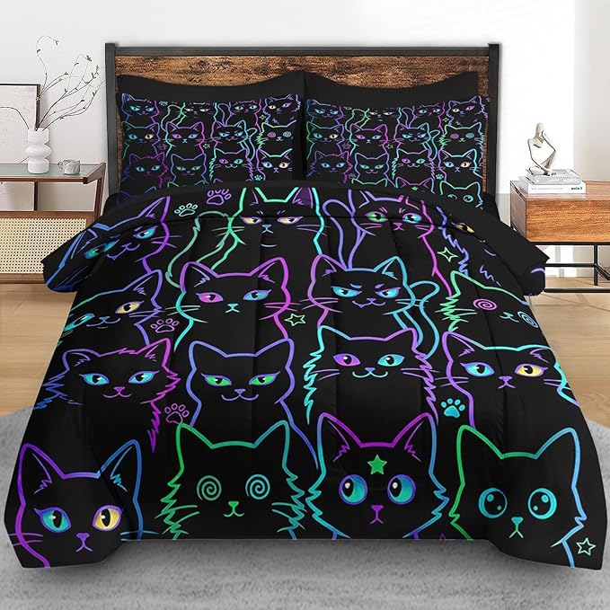 Pamnest 7 Pcs King Size Comforter Set with 2 Pillowcases & 2 Shams, Cute Cat Halloween Bedding Set for Kids and Adults, Neon Funny Gothic Bed in a Bag with Flat Sheet and Fitted Sheet