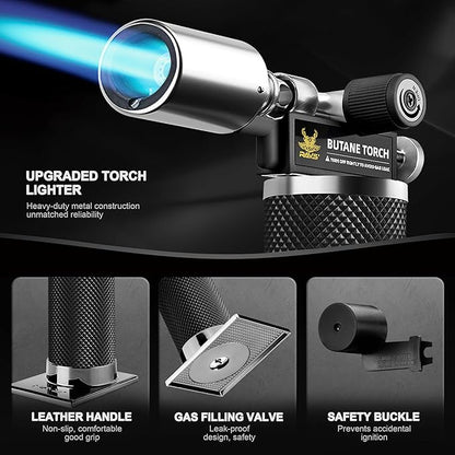 RAVS Butane Torch Lighter, Premium Metal Kitchen Torch with Adjustable Flame & Safety Buckle, Refillable Creme Brulee Torch for Baking, BBQ, DIY, Resin Art, Black, Butane Gas Not Included