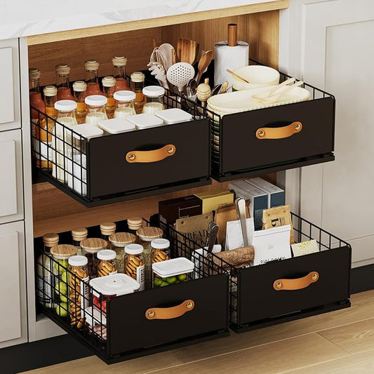 Pull Out Cabinet Organizer, No-Drill Pantry Drawers, Slide Out Shelves with Bamboo Risers for Lipped Cabinets,Ideal for Kitchen, Bathroom & Under Sink Storage (Black, 11.8" Wide-15.7" Deep)
