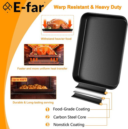 E-far Toaster Oven Baking Sheet with Rack Set, 9 x 7 x 1 Inch Cookie Sheet Baking Pans with Cooling Racks, Warp Resistant & Heavy-Duty, Nonstick & Easy Clean (2 Pans + 2 Racks)