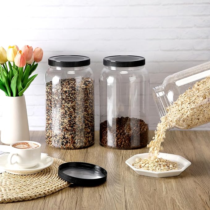 Dandat 8 Pcs 1 Gallon Clear Plastic Jars Airtight Pantry Large Mouth Jars Plastic Jug Cylinder Containers with Lids for Candy Butter Honey Sugar Cookies Arts Crafts Bartender Kitchen (Black Lids)