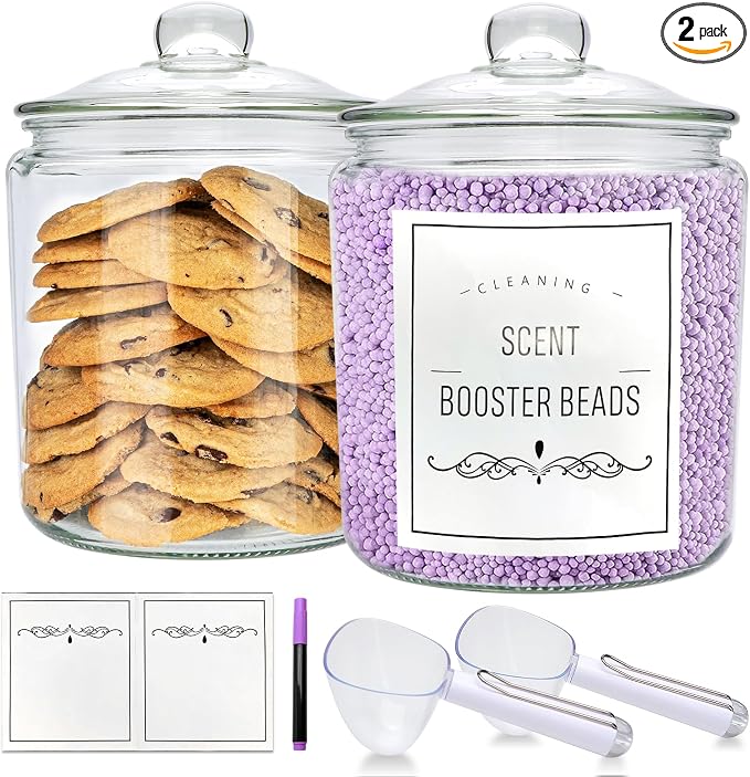 1 Gallon Glass Jars with Lids and Scoops,Clear Glass Storage Containers with Labels for Laundry Room Organization,Large Glass Canisters Set for Kitchen Pantry,Laundry Supplies,Bathroom,2 Pack