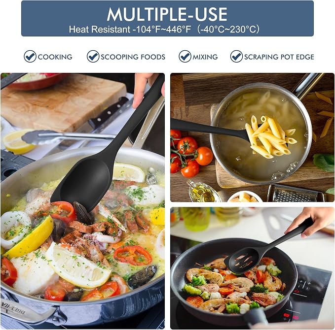 HOTEC Heat Resistant Silicone Cooking Spoon Spatula, Large Kitchen Solid and Slotted Spoons for Mixing, Serving, Scraping, Non-stick, Dishwasher Safe Black 12.5inch