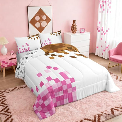 Manfei Game Pixelated Theme Kids Comforter Toddler Size,Patchwork Grid Quilt Set for Kids Boys Girls Bedroom Decor,Video Games Bedding Set,Pink Brown Duvet Insert,1 Pillowcase