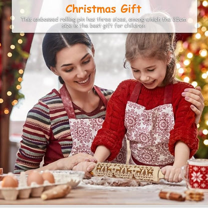 Embossed Wooden Rolling Pin, 3D Engraved Snowflake Elk Deer Laser Engraved DIY Tool for Kids and Adults to Make Cookie Dough Crusts Pies Pastry