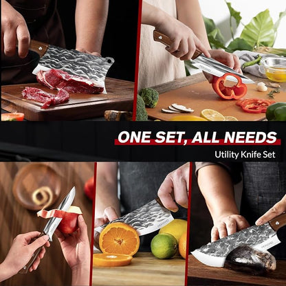 MDHAND Butcher Knife Set, Hand Forged Butcher Chef Knife Set with Roll Bag, Sharp Heavy Duty Meat Cleaver Knife & Bone Chopper Knives & Fillet Knives for BBQ, Outdoor Camping, Gifts for Men Women