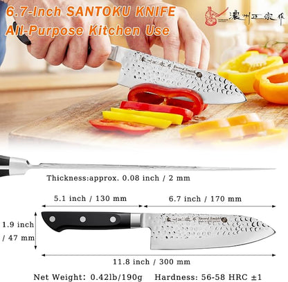 6.7 Inch Santoku Knife, Made in Japan, Full Tang AUS-6 High Carbon Molybdenum Stainless Steel Japanese Chef Knife with Hammered Blade, Kitchen Knife Gifts for Men and Women