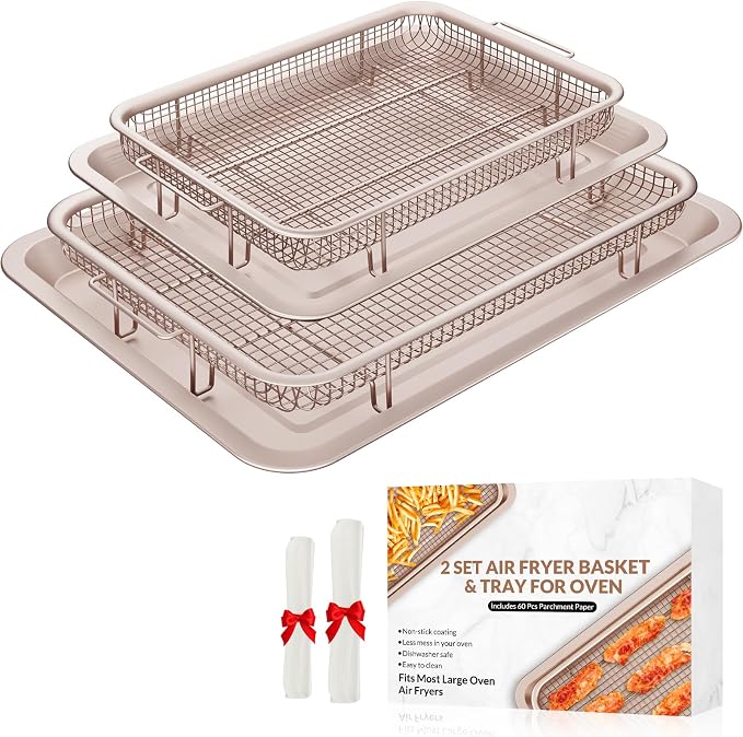 Air Fryer Basket for Oven, OPENICE 2 Set Oven Air Fryer Basket and Tray with 60 Pcs Parchment Papers, Air Fryer Pan Crisper Tray Set for Crisping, Frying - Golden