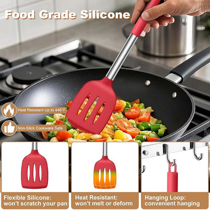 LIANYU Kitchen Cooking Utensils Set, Silicone Cooking Utensils Set of 6, Heat Resistant Kitchen Spatula Gadgets Tools for Nonstick Cookware, Stainless Steel Handle, Dishwasher Safe, Red