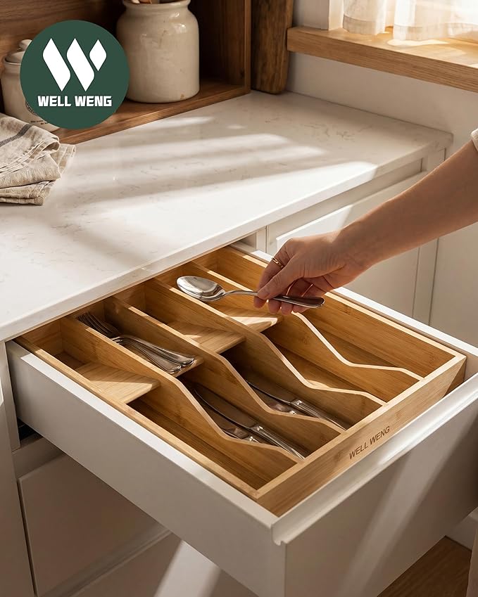 Utensil Drawer Organizer for Silverware,Bamboo 10 Slot | V-Groove & Anti-Slip Blocks, Vertical Storage,16" D x 12.3" W x 2.25" H, Cutlery Holder Dividers for Spoons Forks Knives