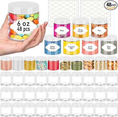 PeacePeo Plastic Jars 6 OZ, 48 Pcs Plastic Jars with Lids Round Wide Mouth Slime Containers with White Lids Empty Small Storage Jar for Travel, Home Kitchen Food, Arts Crafts