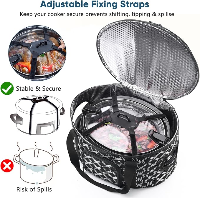 BAGSPRITE Double-layer Slow Cooker Carrying Case for Crock Pot 6-8 Quart, Insulated Crockpot Carrier with Adjustable Lid Straps,Portable Slow Cooker Travel Bag for Potluck, Parties, Family Gatherings