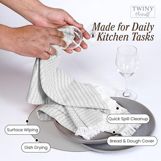 TWINY threads Kitchen Towel Chevron Design, Premium 100% Cotton Kitchen Linen Set, Large Dish Rags and Wash Rags, Absorbent Quick Drying, Washable Reusable, Pack of 12, 16"x26", Light Grey