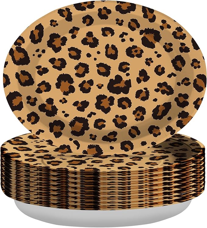 50Pcs Cheetah Print Oval Paper Plates 10" x 12" Large Disposable Heavy Duty Brown Leopard Print Paper Platter Safari Animal Leopard Dessert Plate for Cheetah Birthday Baby Shower Party Decorations
