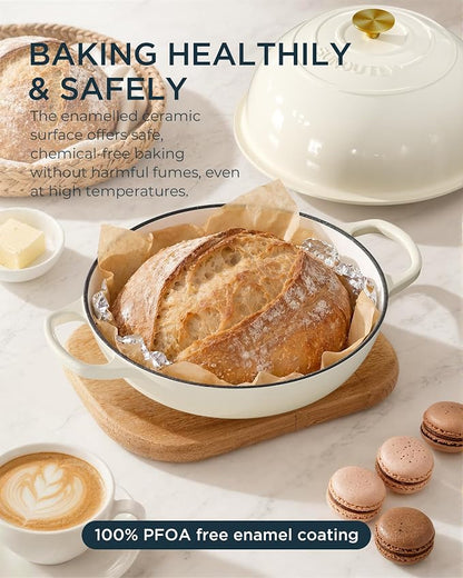Enameled Cast Iron Bread Oven, 6QT Cast Iron Dutch Oven for Homemade Sourdough Bread Baking, Round Bread Pot with Dome Lid & Cotton Potholders, Cream White