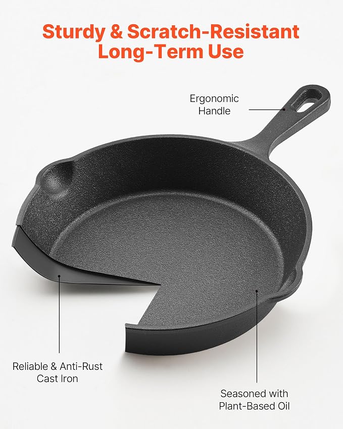 VEVOR Cast Iron Skillet, 3-Piece Frying Pan Set (6, 8, 10 in), Heavy-Duty Skillets with Heat-Resistant Handle, Pre-Seasoned Chef's Pan, Kitchen Cookware, for Oven, Gas, Electrical, Induction, Black