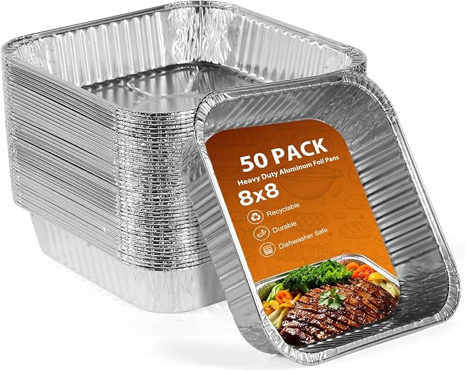 8x8 Foil Pans 50 Pack, Heavy Duty Square Disposable Baking Cake Pans, Disposable Food Containers Great for Baking Pans, Cooking, Heating, Parties Meal Prep, Storing, Breads, Brownies, Meatloaf,Lasagna