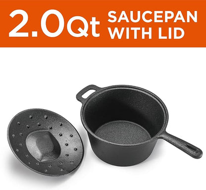 Commercial Chef 2-Qt. Saucepan with Lid, Pre-Seasoned Cast Iron, Integrated Handles, Works on All Cooktops Including Induction, Outdoor Skillet for Campfires or Grills, CHCI20