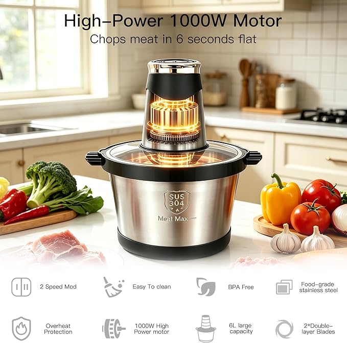 MEGAWISE Electric Food Processor, 1000W Meat Grinder & Vegetable Chopper with 6L 304# Stainless Steel Bowl, Dual-Speed Food Chopper for Meat, Vegetables, Fruits, Nuts, and Baby Food