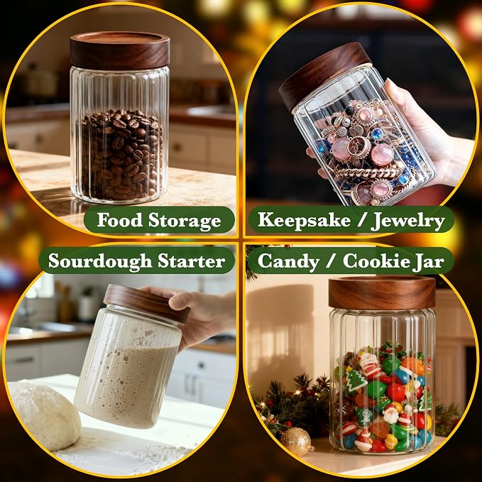 Decorative Borosilicate Glass Jar with Screw Top Airtight Wooden Lid, 28 oz/850ml Leak Resistant Food Storage Canister, Wide Mouth Container for Coffee Cookie Candy Overnight Oats Sourdough Starter