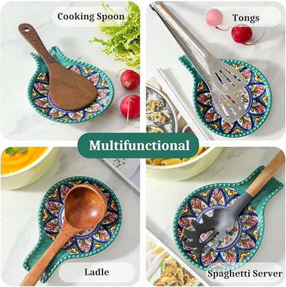 Spoon Holder for Kitchen Counter Ceramic Spoon Rest for Stove Top Large 7.7 Inch Heat-Resistant Cooking Spoon Holder for Coffee Spoon Rest,Spatula or Tongs,Bohemian Green Dishwasher Safe