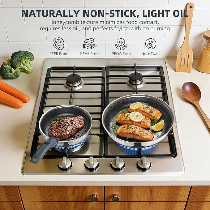 Ciwete Hybrid Non Stick Frying Pans Set 3-Piece, 8 & 10 Inch Tri-Ply Stainless Steel Pans Set with Detachable Handle, PFOA Free Kitchen Skillets for All Cooktops, Dishwasher & Oven-Safe Cooking Pan
