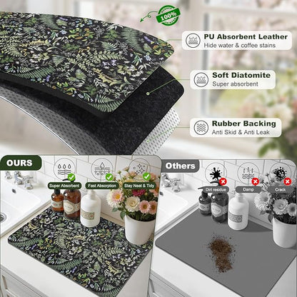 LOKHOM Dish Drying Mat for Kitchen Counter, 12"x20" Absorbent Coffee Bar Mat with Vintage Botanic Fern Leaves, Sage Green Plant Dish Drainer Rack Mat for Kitchen Counter