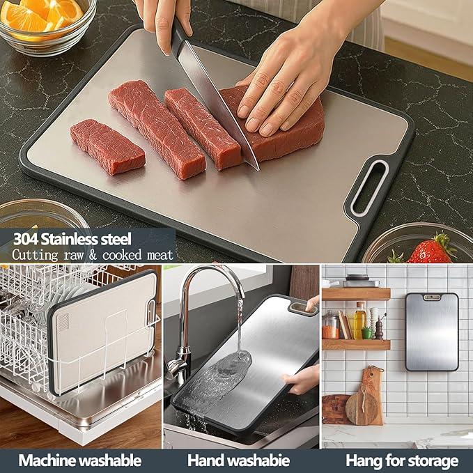 Stainless Steel Cutting Boards for Kitchen,304 Stainless and Wheat Straw PP Double Sided Cutting Board,Non slip Easy to Clean Kitchen Chopping Board,Dishwasher Safe(16 * 11 In)