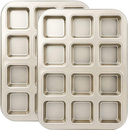 Beasea Brownie Pan with Dividers, 2 Set Gold All Edges Square Cupcake Brownie Pans 12 Mini Cavity Non Stick Baking Carbon Steel Bread Mold Small Edge 3x4 Individual Cutter Sheet Tray for Cake Oven
