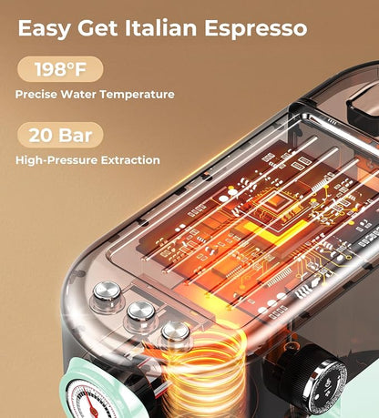 atatix 20 Bar Espresso Machine with Milk Frother, Compact Espresso Maker, Stainless Steel Coffee Machine with Precise Temp Control & 44oz Removable Water Tank for Latte, Cappuccino, Light Green