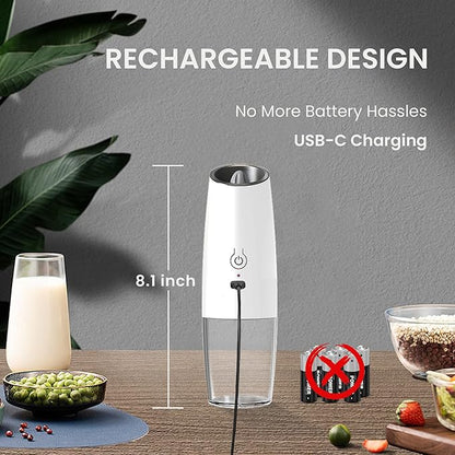 Rechargeable Salt And Pepper Grinder Set with LED Light, Automatic Electric Gravity Salt And Pepper Shakers Set, No Battery Needed, Adjustable Roughness, 2 Pack (Black+White)